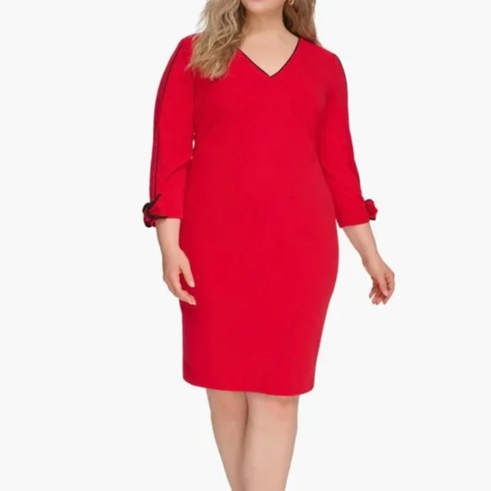 Calvin Klein Piping Trim Bow Sheath Dress Scuba Crepe Red Plus Size 20W Career